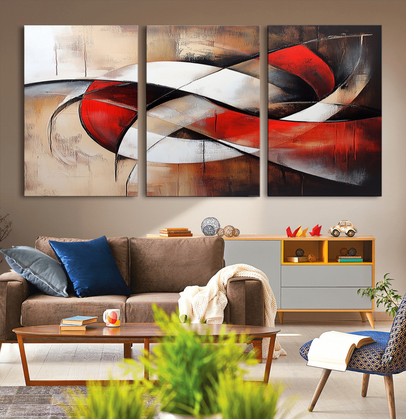 MGV-CV-60X30-3P - Abstract Wall Art - Modern Red and White Canvas Wall Art Print - Bold Geometric Abstract Canvas for
