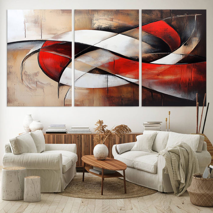 The Abstract Wall Art - Modern Red and White Canvas is displayed prominently in front of an entrance.