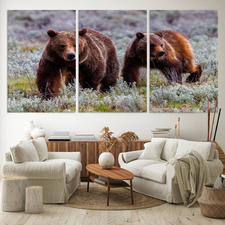 The "Grizzly 399 in Wild Flowers" wall art canvas print, showcasing grizzly bears amidst vibrant wildflowers, elegantly captures the enchanting essence of nature. This handmade piece from the USA brings striking beauty to any space.