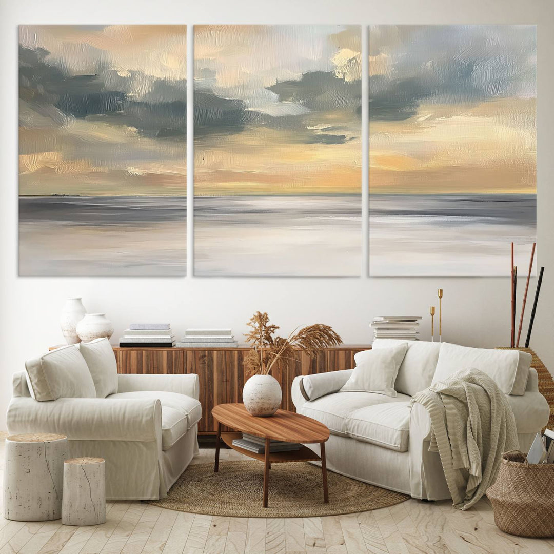 The Modern Coastal Wall Art Canvas Print features vibrant abstract ocean waves and clouds.