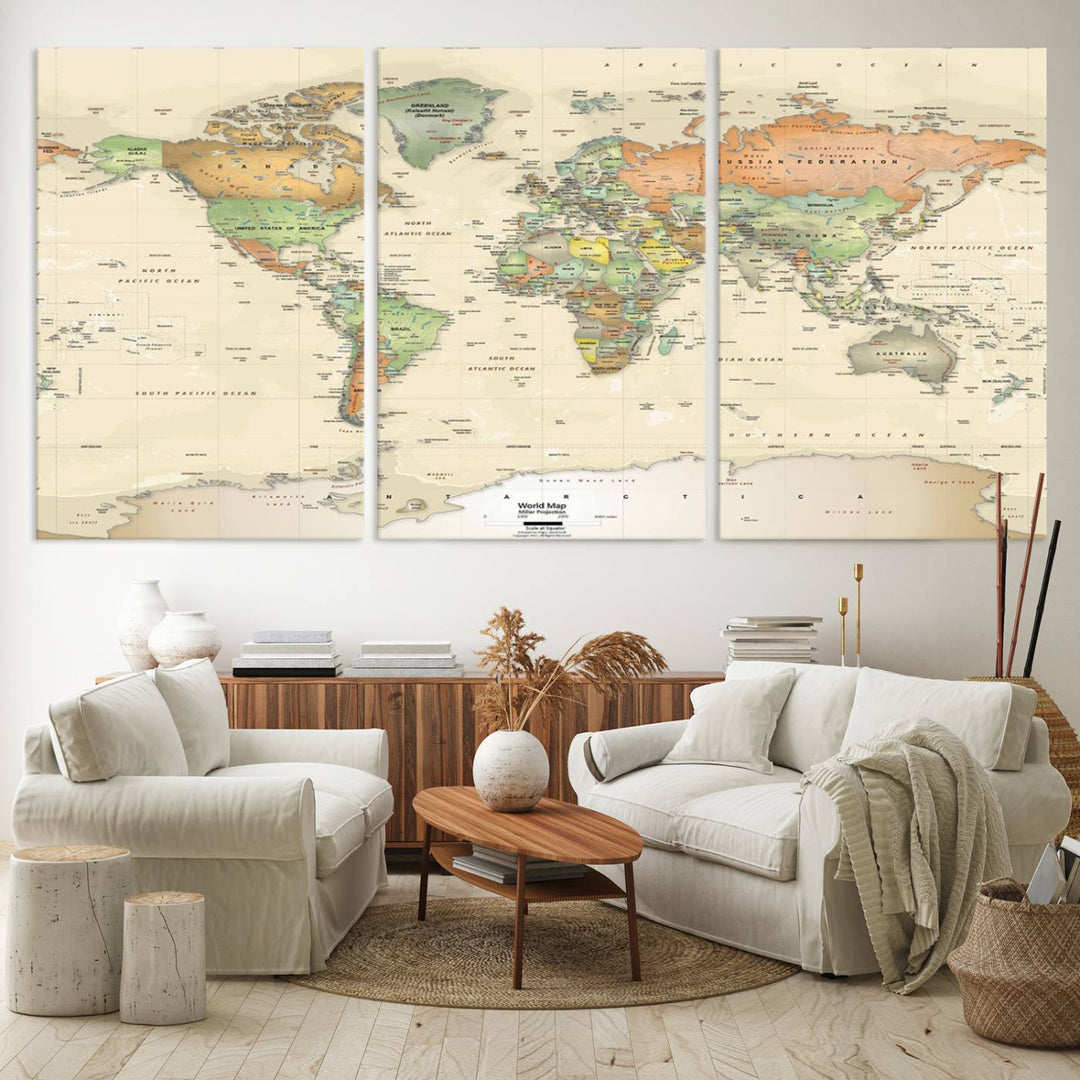 The Large Push Pin World Map Wall Art Canvas Print, with a gallery-quality finish, is carefully crafted on premium canvas and handmade in the USA. This piece adds a touch of elegance to any space.