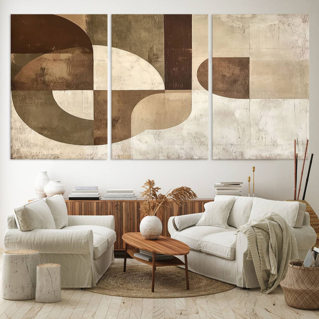 A Wabi Sabi Geometric Minimalist Wall Art Canvas Print—with a modern abstract geometric design in brown and beige tones—stands proudly in front of a house.