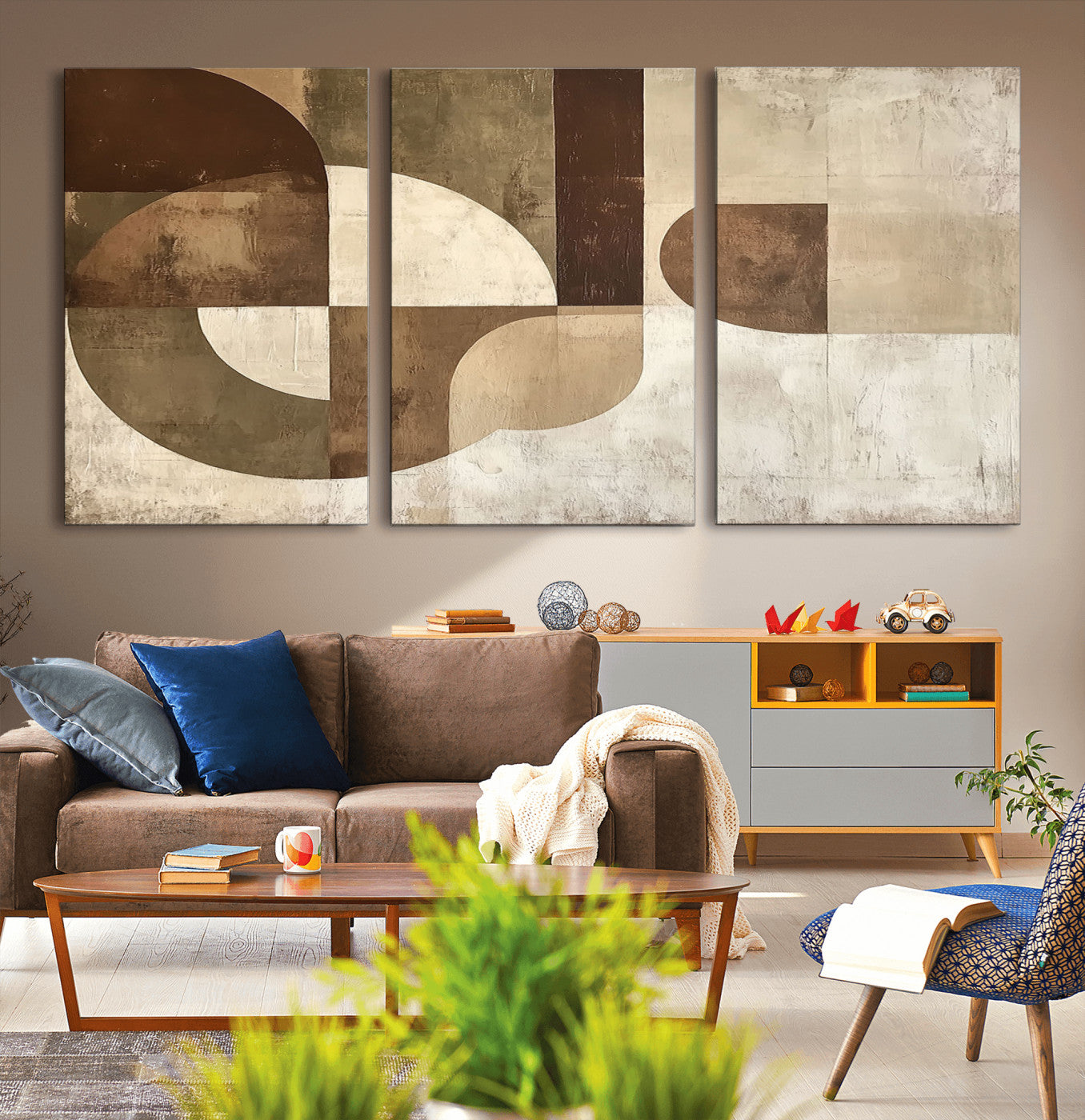 MGV-CV-60X30-3P - Wabi Sabi Geometric Wall Art | Abstract Modern Minimalist Canvas Print with Neutral Mid Century Art