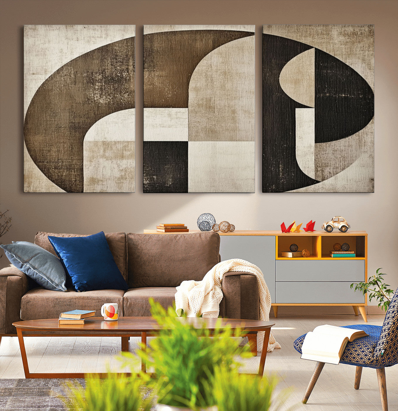 MGV-CV-60X30-3P - Wabi Sabi Abstract Wall Art | Geometric Modern Minimalist Canvas Print with Neutral Mid Century Art