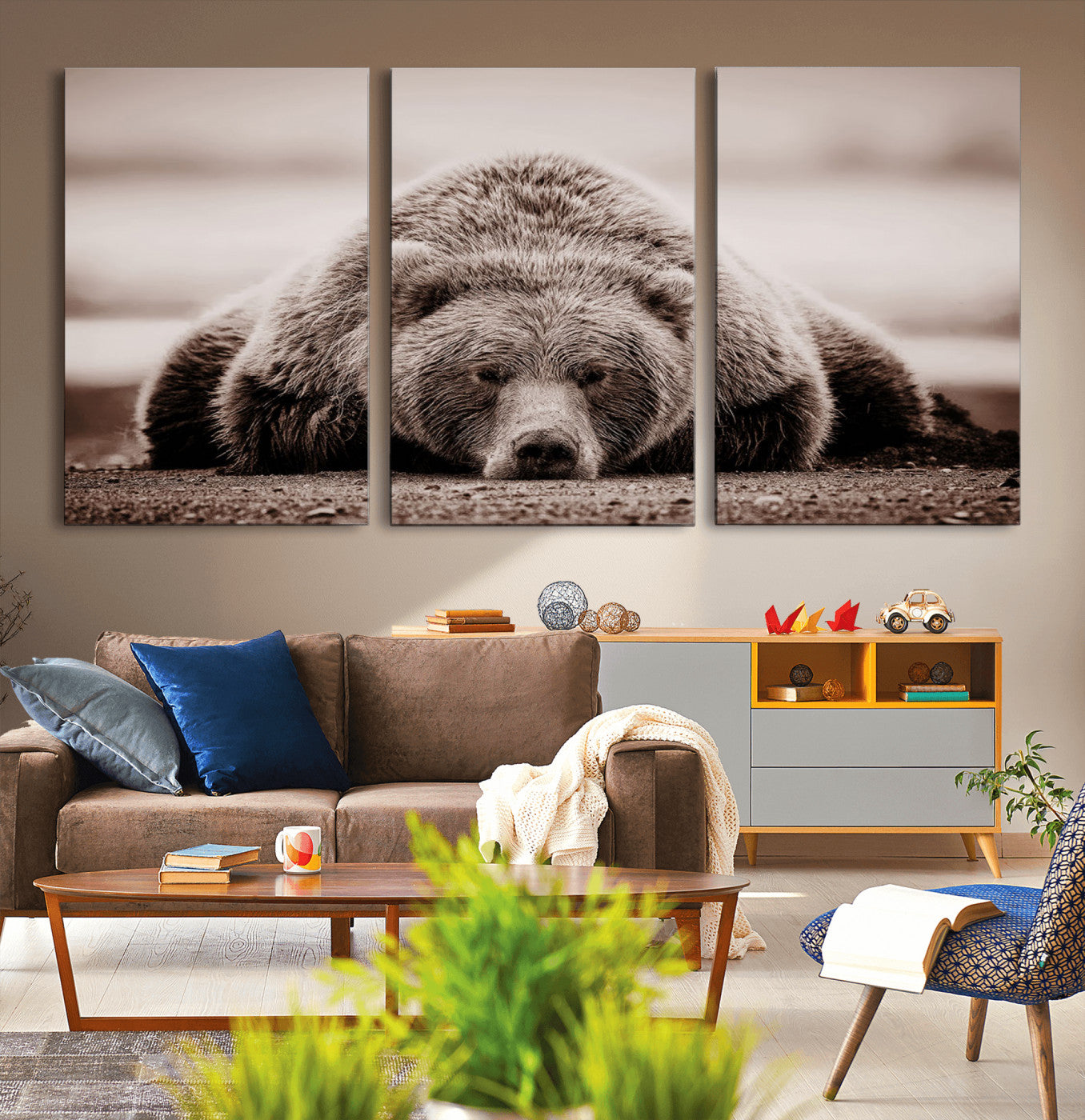 MGV-CV-60X30-3P - Grizzly Bear Wall Art Print - Bear Canvas Wall Art - Rustic Bear Portrait Canvas Print for Cabin