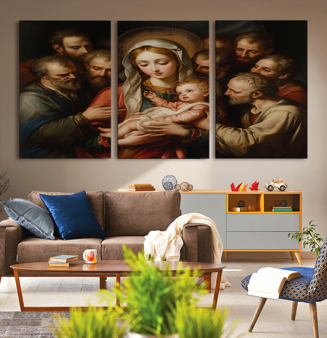 MGV-CV-60X30-3P - Religious Canvas Wall Art Print - Madonna and Child with Apostles Art Print - Classic Christian