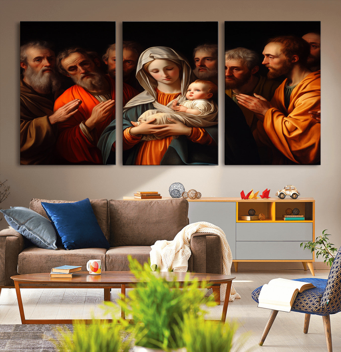 MGV-CV-60X30-3P - Religious Canvas Wall Art Print - Madonna and Child with Apostles Art Print - Classic Christian