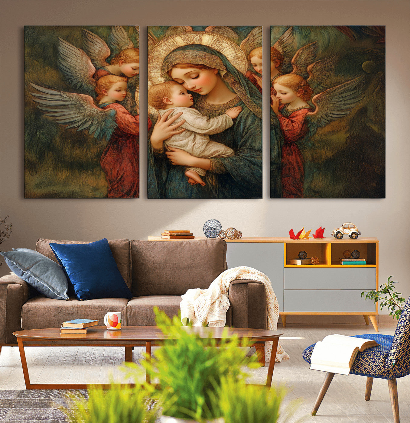 MGV-CV-60X30-3P - Mary Jesus Canvas Wall Art Print - Madonna and Child with Angels Art Print - Classic Christian