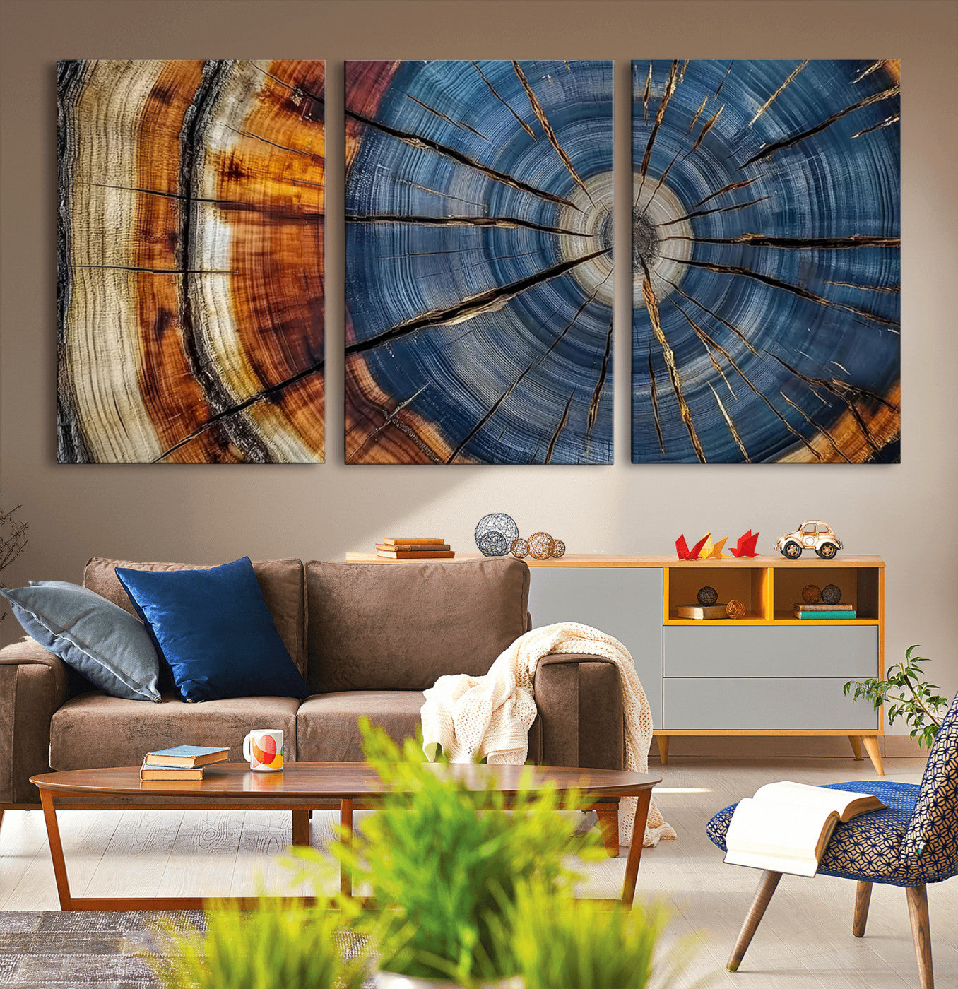 10583-MGV-CV-60X30-3P-Abstract Tree Rings Canvas Wall Art - Wood Grain Canvas Print - Nature-Inspired Modern Wood Grain