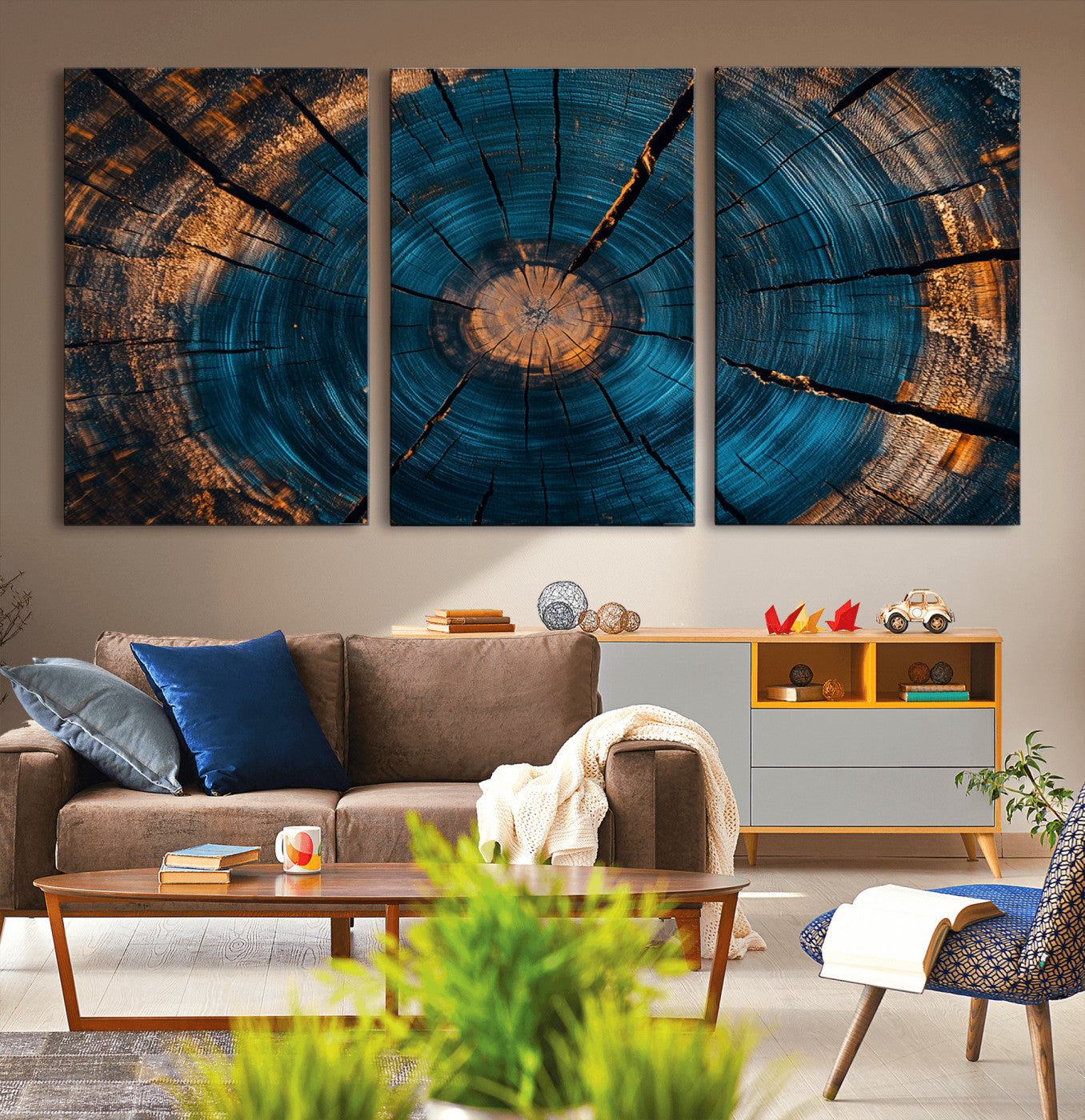 MGV-CV-60X30-3P - Abstract Tree Rings Wall Art Canvas Print - Wood Grain Rings Artwork Print - Nature Woodland Modern