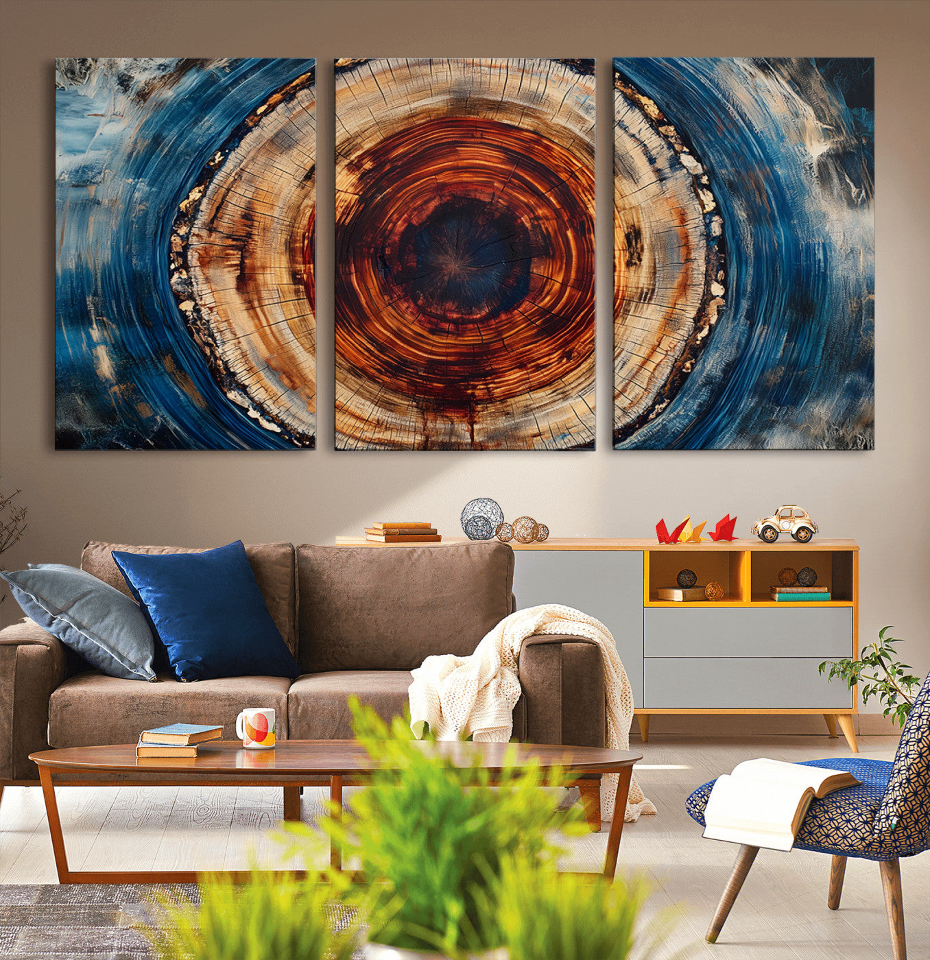 MGV-CV-60X30-3P - Abstract Framed Tree Rings Wall Decor, Wood Grain Rings Artwork Print, Nature Woodland Modern Wall
