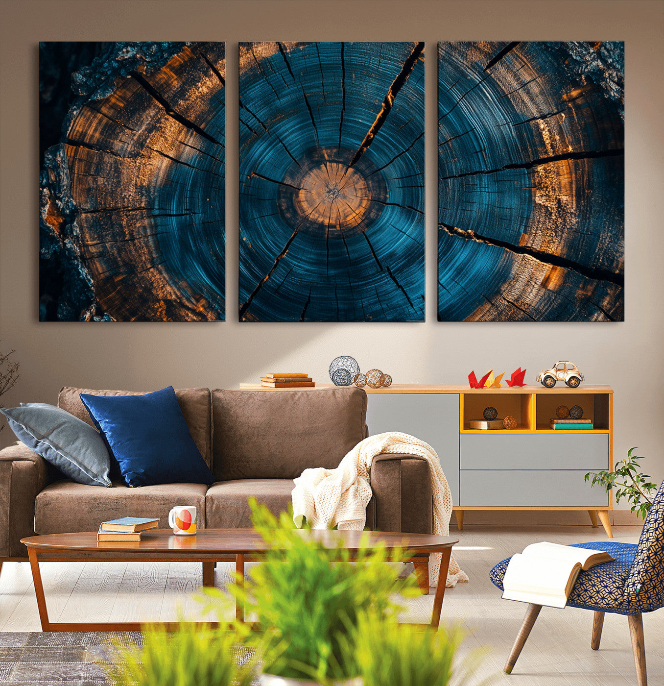 MGV-CV-60X30-3P - Farmhouse Wall Art - Abstract Tree Rings Canvas Wall Art Print, Framed Wood Grain Rings Artwork