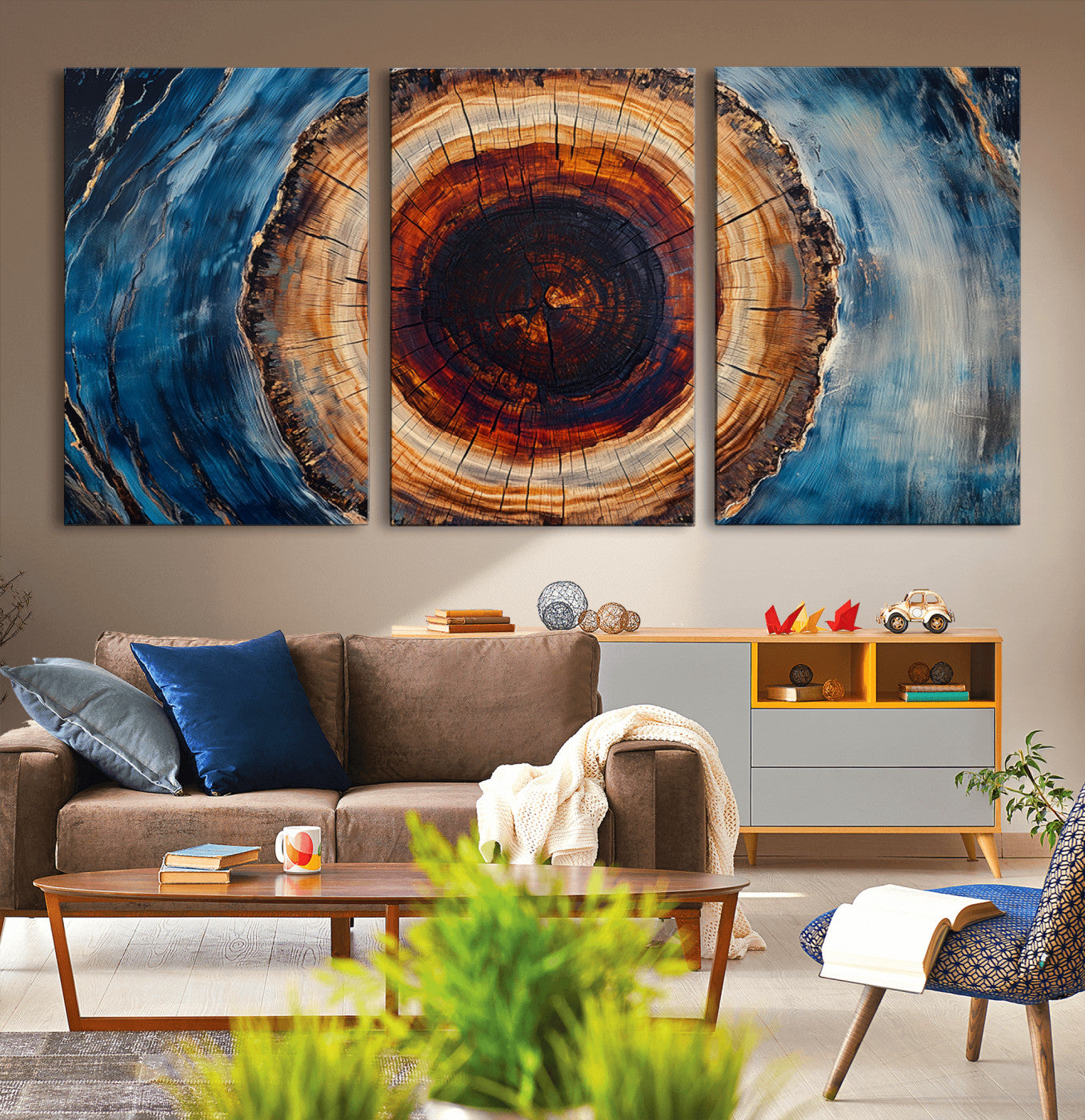 MGV-CV-60X30-3P - Framed Abstract Tree Ring Wall Art Print, Natural Rustic Wood Texture Canvas Print, Wood Tree Stump