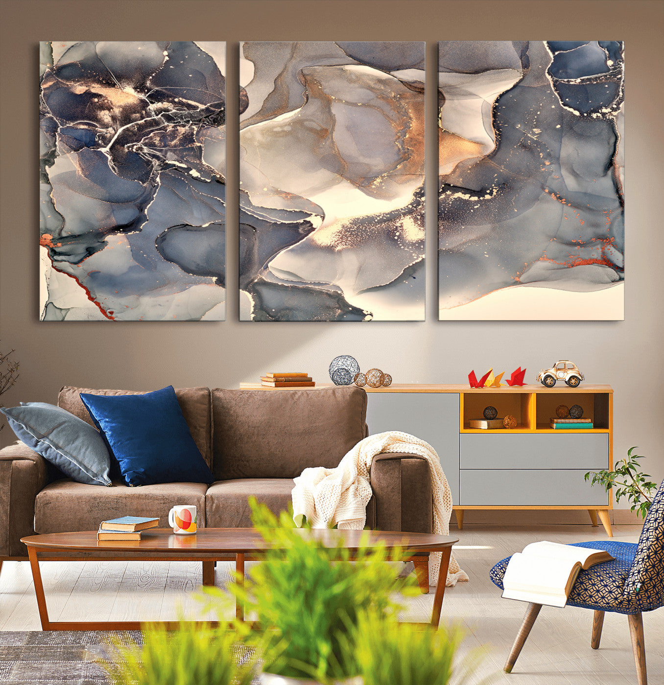 MGV-CV-60X30-3P - Abstract Blue and Gold Wall Art - Fluid Ink Artwork - Modern Luxury Wall Decor for Contemporary
