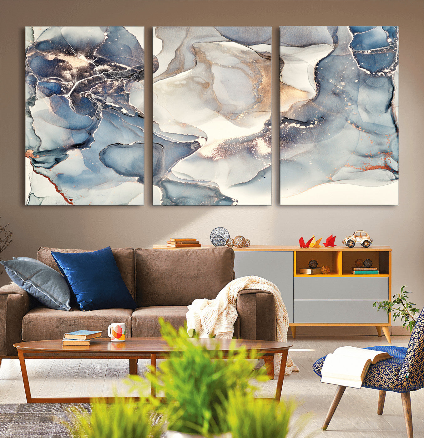 MGV-CV-60X30-3P - Abstract Blue and Gold Canvas Wall Art - Fluid Modern Ink Artwork - Modern Luxury Wall Decor for