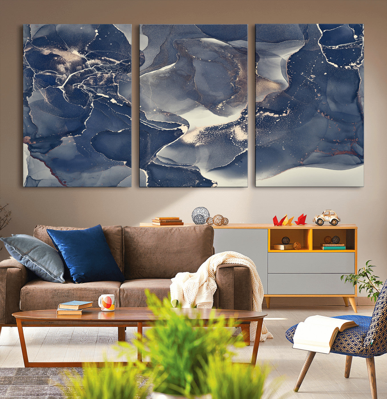 MGV-CV-60X30-3P - Large Abstract Blue and Gold Canvas Wall Art | Fluid Ink Artwork Print | Luxury Wall Decor for