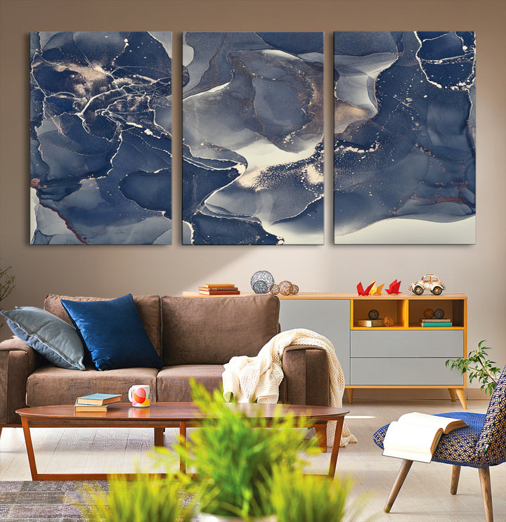 Large Abstract Blue and Gold Canvas Wall Art | Fluid Ink Artwork Print | Luxury Wall Decor for Contemporary Interiors | Framed Ready to Hang