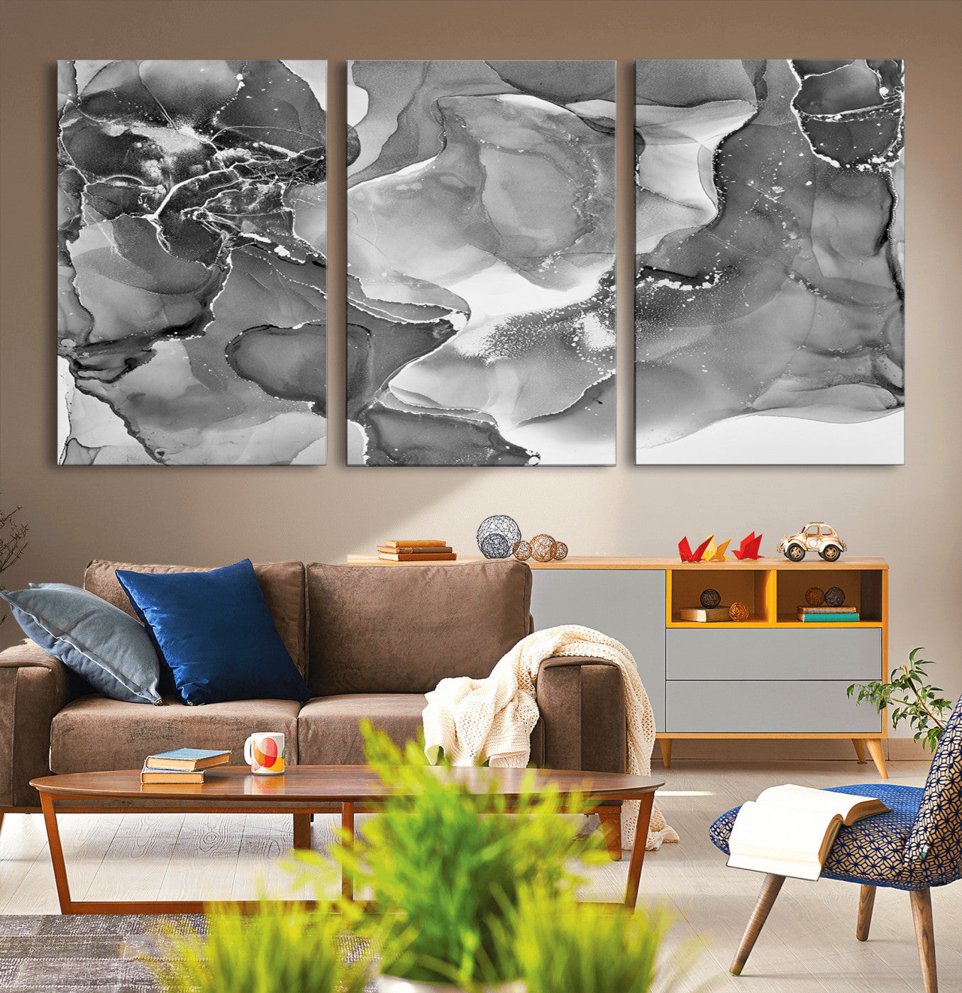 15911-MGV-CV-60X30-3P-Black White Abstract Canvas Wall Art - Fluid Ink Artwork - Modern Luxury Wall Decor for Contemporary