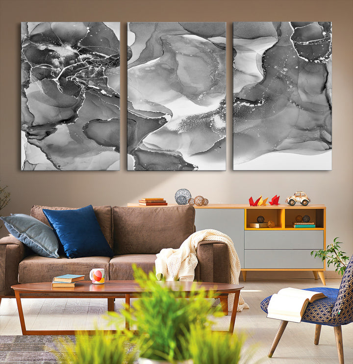 Black White Abstract Canvas Wall Art - Fluid Ink Artwork - Modern Luxury Wall Decor for Contemporary Interiors