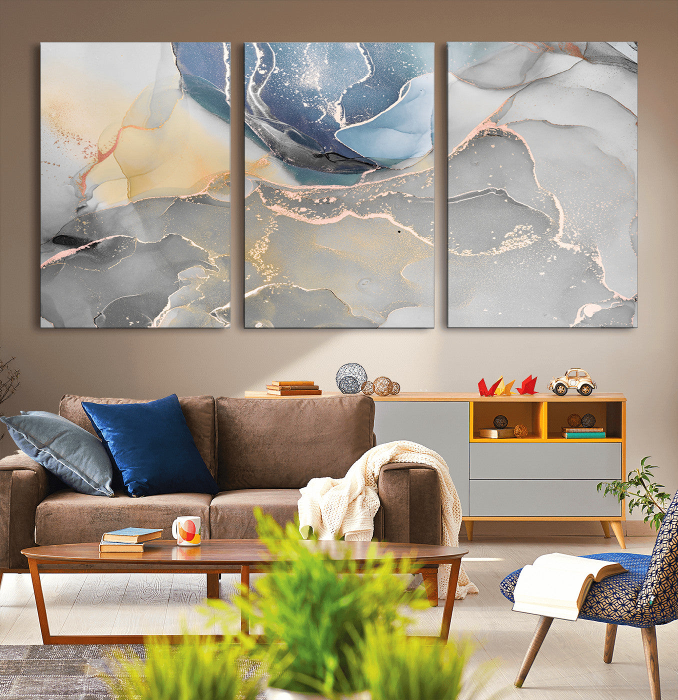 MGV-CV-60X30-3P - Large Abstract Blue and Gold Canvas Wall Art | Fluid Ink Artwork Print | Luxury Wall Decor for