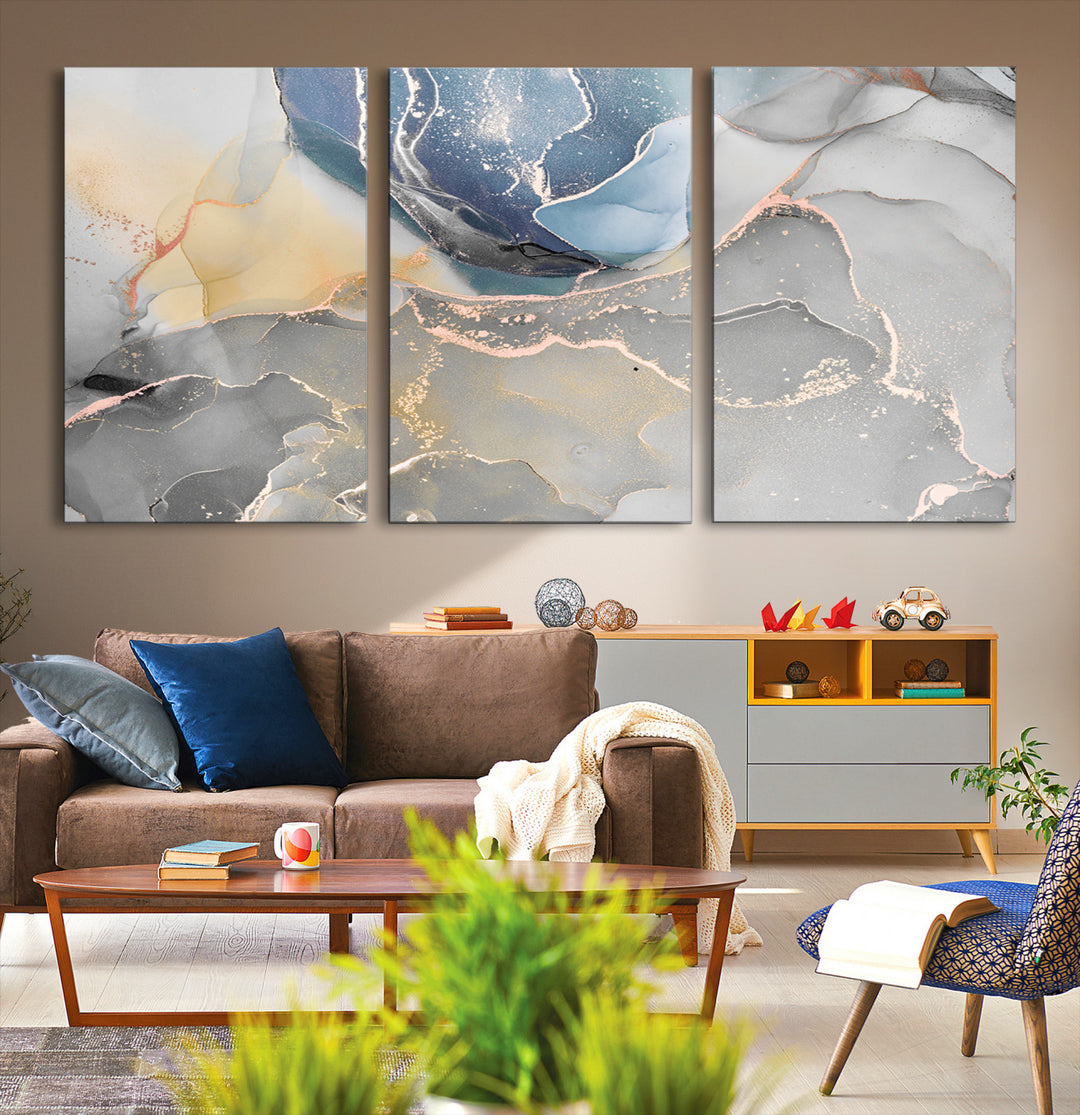 Large Abstract Blue and Gold Canvas Wall Art | Fluid Ink Artwork Print | Luxury Wall Decor for Contemporary Interiors | Framed Blue and Gold