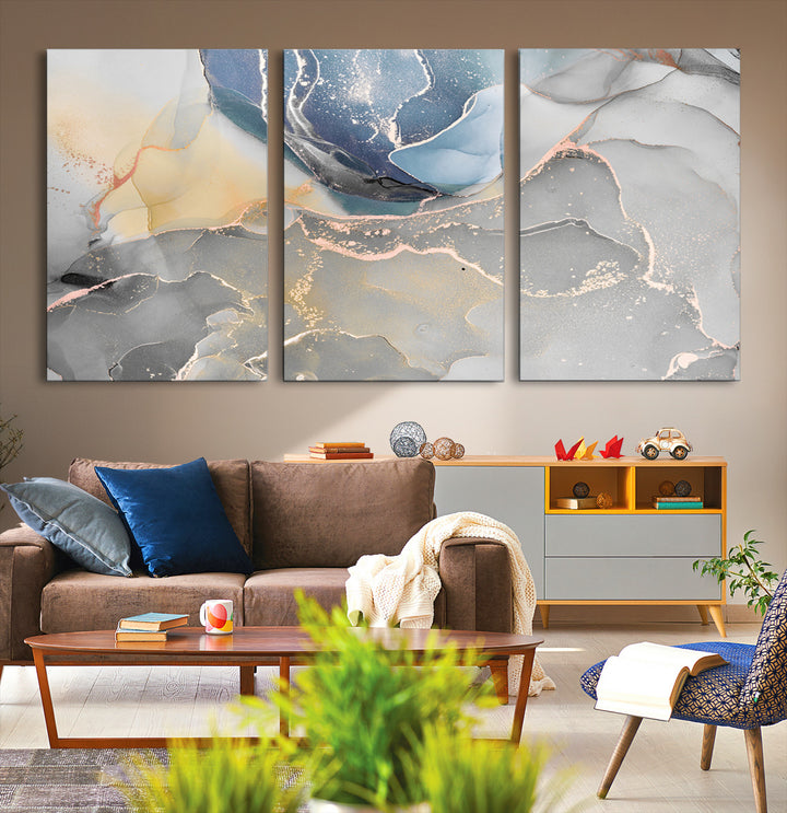 Large Abstract Blue and Gold Canvas Wall Art | Fluid Ink Artwork Print | Luxury Wall Decor for Contemporary Interiors | Framed Blue and Gold