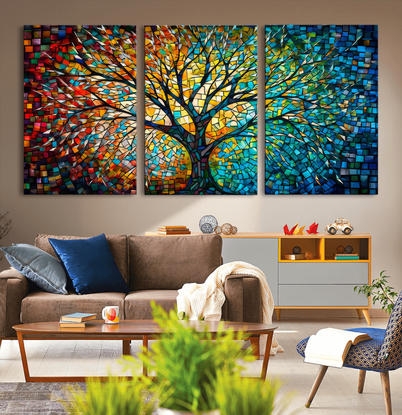 MGV-CV-60X30-3P - Yggdrasil Tree of Life Wall Art Print Canvas | Mosaic Style 3-Panel Canvas Print