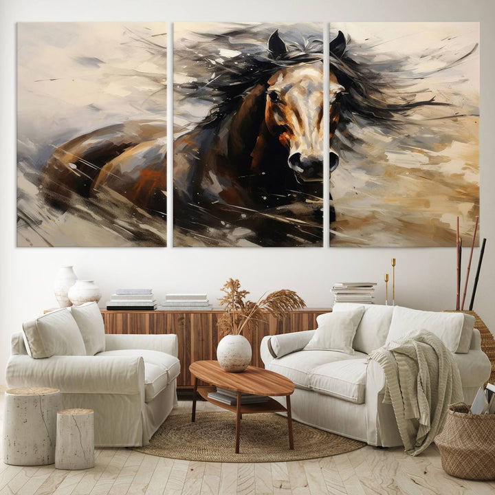 The Abstract Wall Art Horse Print adds rustic charm.