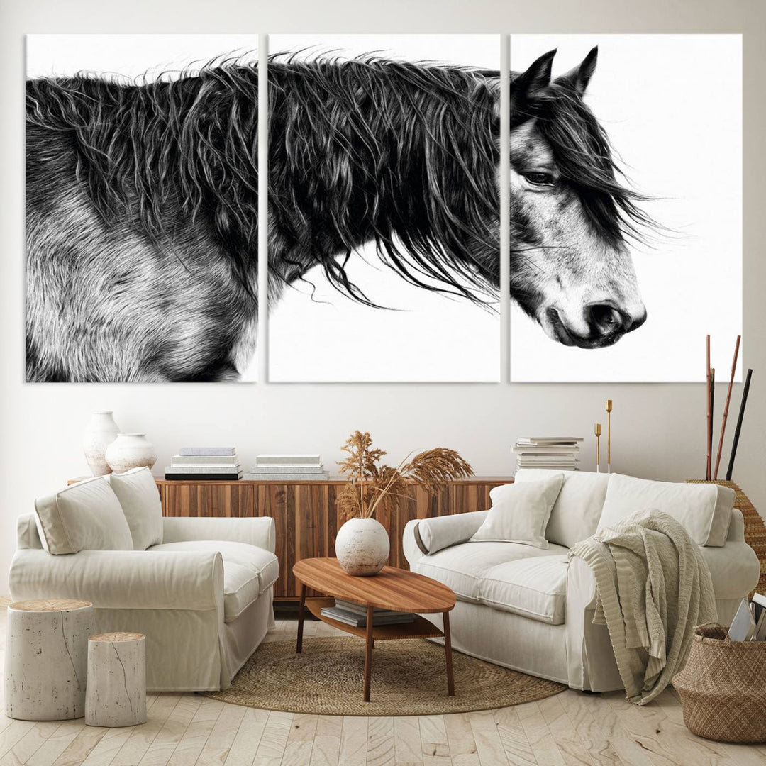 Black Horse Wall Art Canvas Print for farmhouse decor on the kitchen wall.