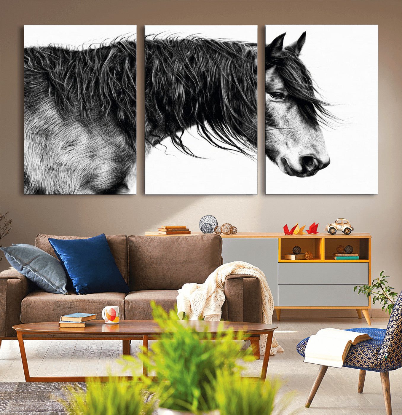 MGV-CV-60X30-3P - Black Horse Wall Art Canvas Print for Farmhouse Decor and Woodland Decoration