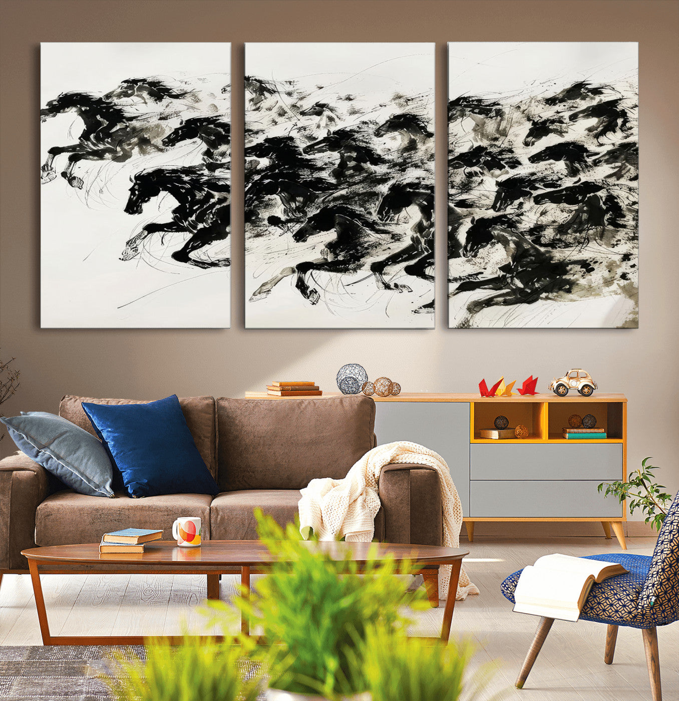 MGV-CV-60X30-3P - Abstract Horse Wall Art Canvas Print - Dynamic Black Ink Horse Print - Modern Equine Wall Decor for
