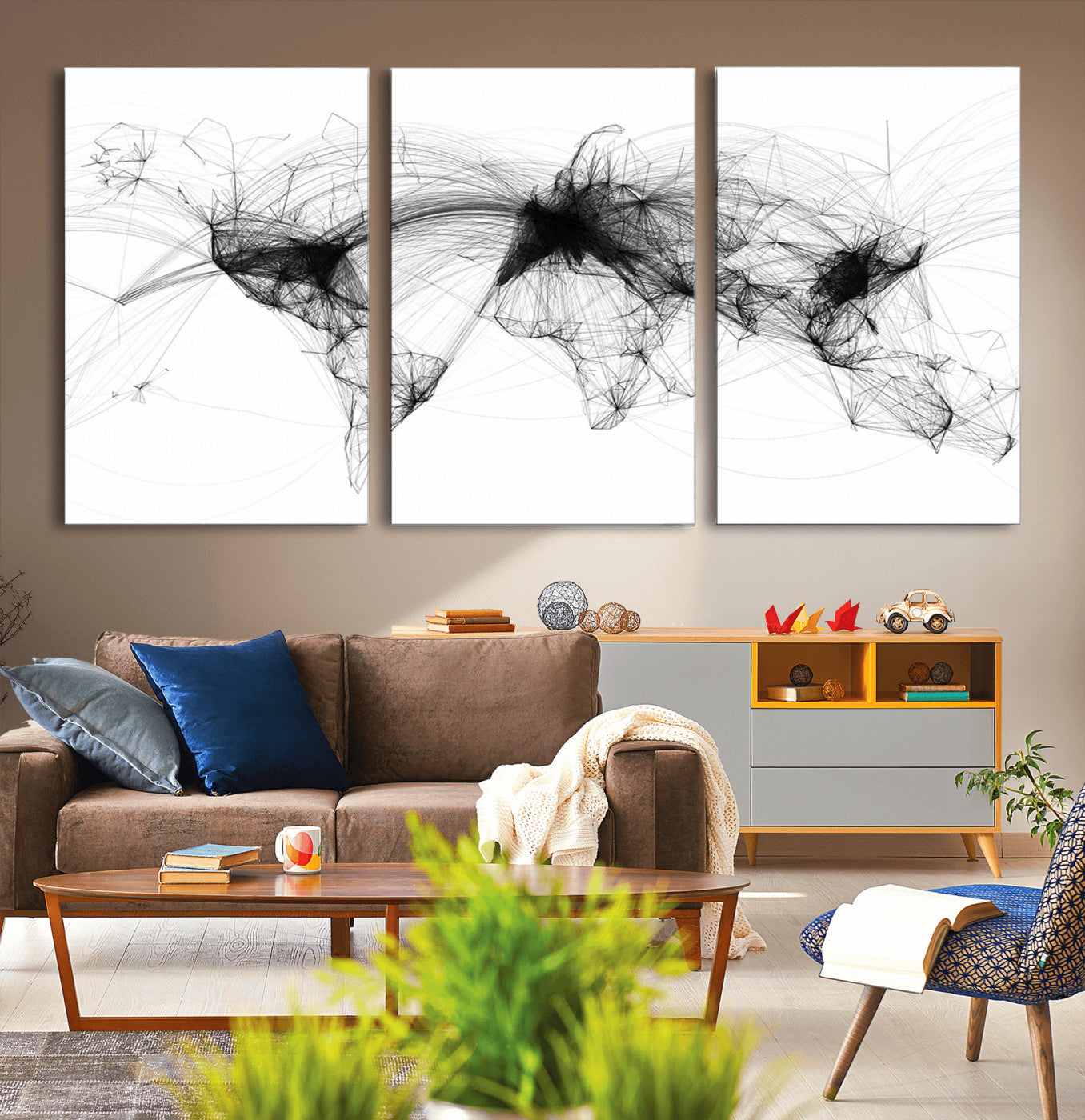 A minimalist abstract world map created from interconnected black lines representing global connectivity and communication networks.