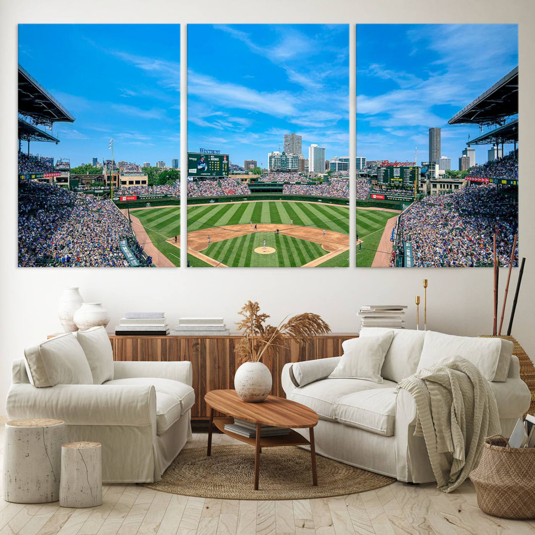 The Wrigley Field Chicago Cubs canvas art, depicting the iconic stadium, is perfect for sports lovers.