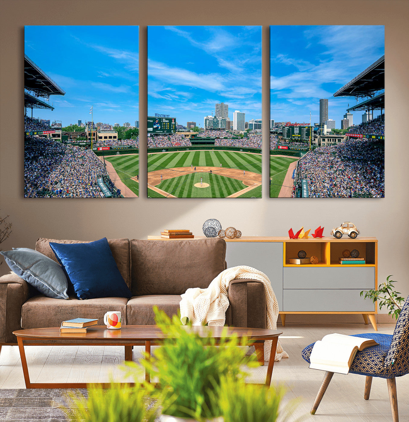 MGV-CV-60X30-3P - Wrigley Field Chicago Cubs Panoramic Art Multi Piece Canvas - Iconic Baseball Stadium Print for