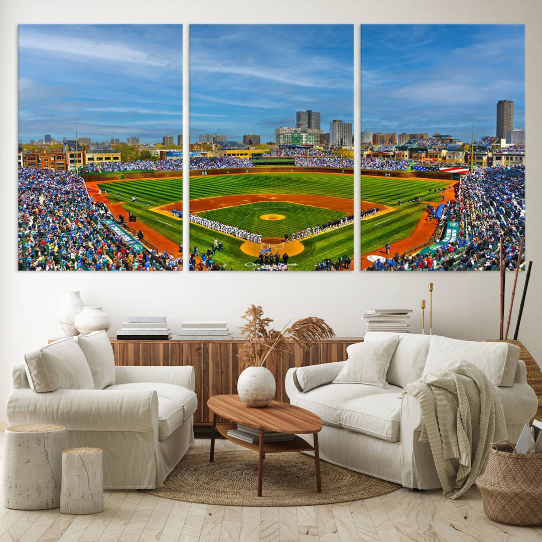 The Wrigley Field Cubs Panoramic Canvas Art hangs prominently in the modern living room.