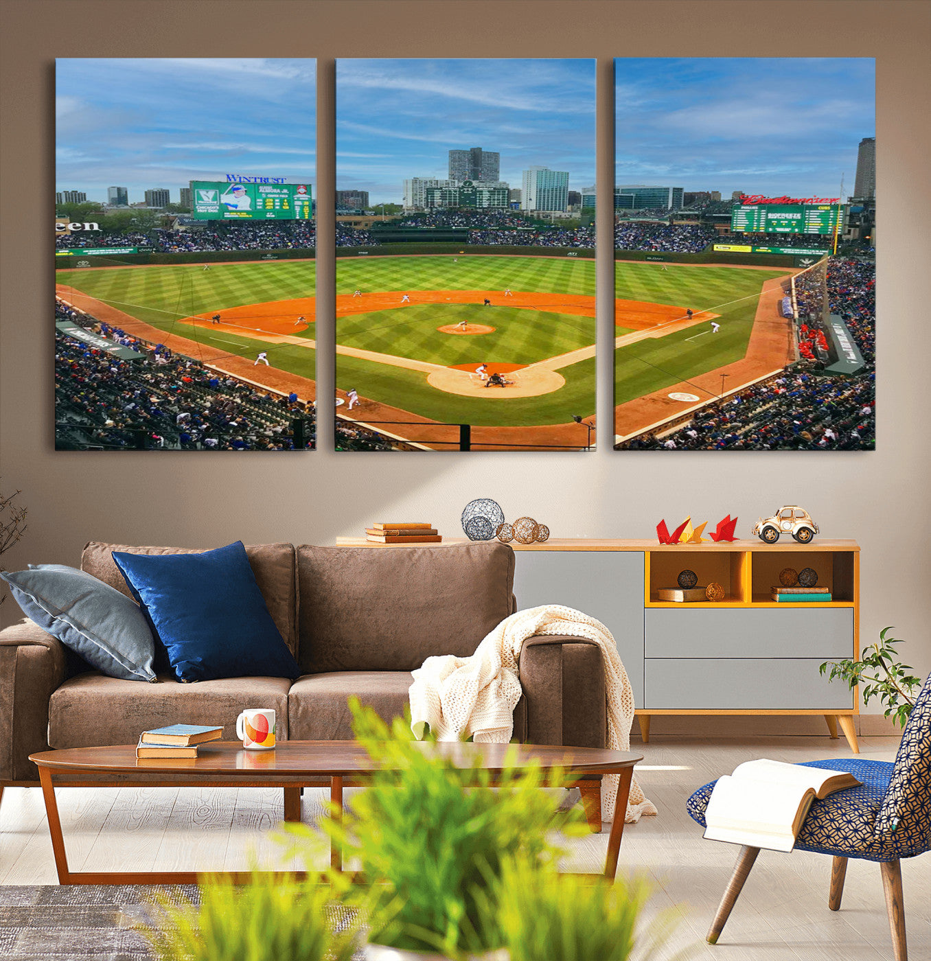 MGV-CV-60X30-3P - Wrigley Field Chicago Cubs Panoramic Multi Piece Canvas Wall Art - Iconic Baseball Stadium Print for