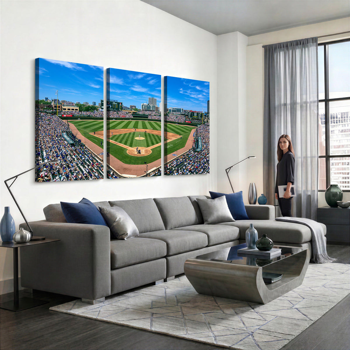 26064-MGV-CV-36X24 - Wrigley Field Chicago Cubs Wall Art Canvas Print Framed Panoramic Multi-Piece Iconic Baseball Stadium Artwork for Home, Office
