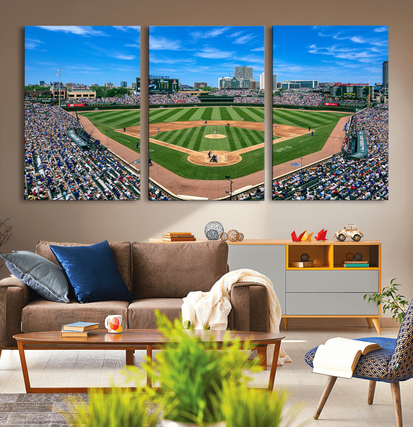 26064-MGV-CV-30X20-Framed Wrigley Field Chicago Cubs Print, Panoramic Multi Piece Canvas Wall Art - Iconic Baseball Stadium Print for Sports Lovers - Ready to
