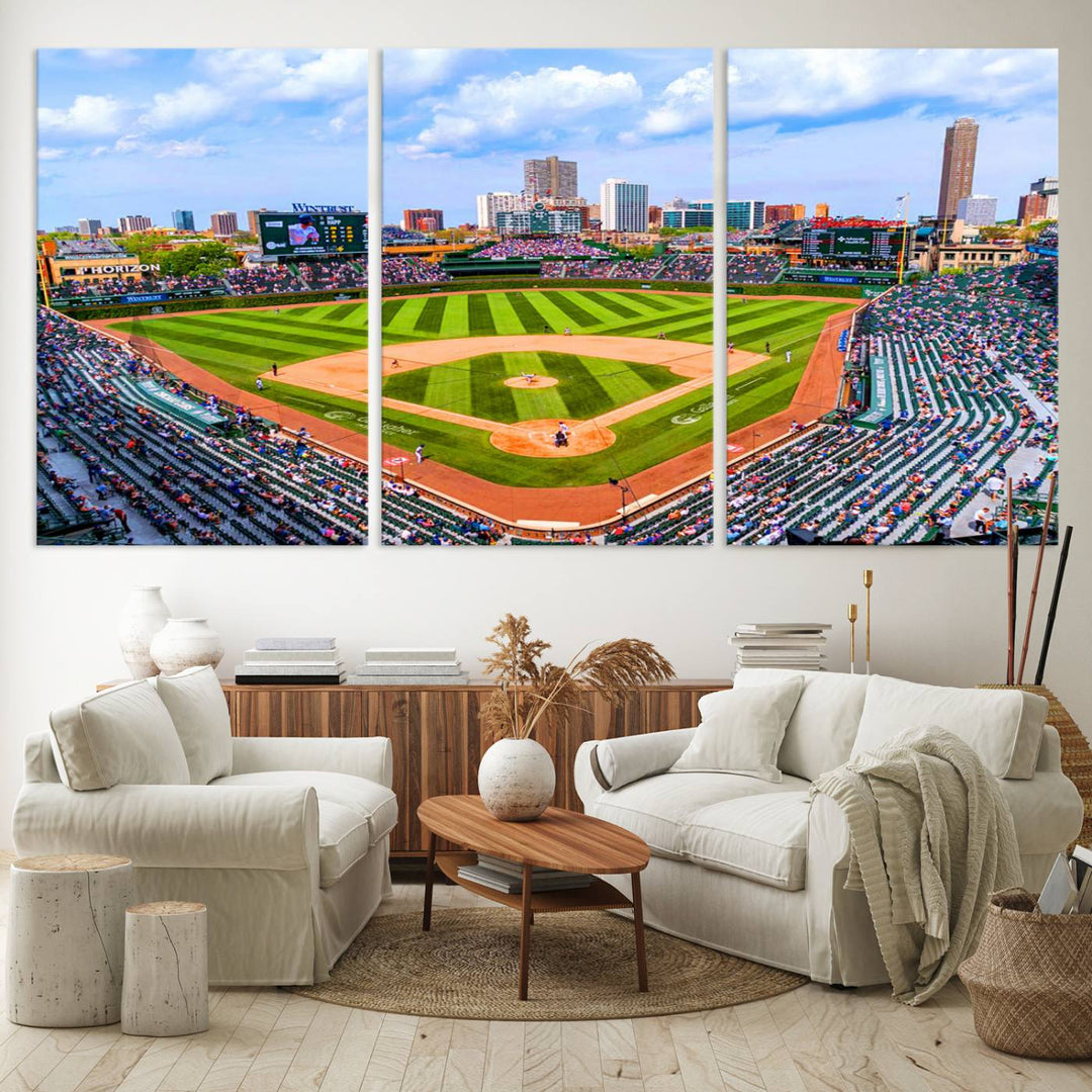 A 3-piece panoramic canvas wall art showcases an aerial view of a packed Chicago Cubs game at Wrigley Field, perfect for sports lovers.