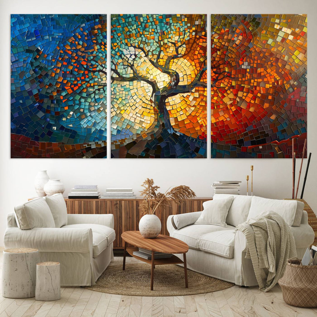 Mosaic Tree Canvas Wall Art: A stunning stained glass-inspired Tree of Life featuring blue and orange swirling patterns reminiscent of a sunburst.