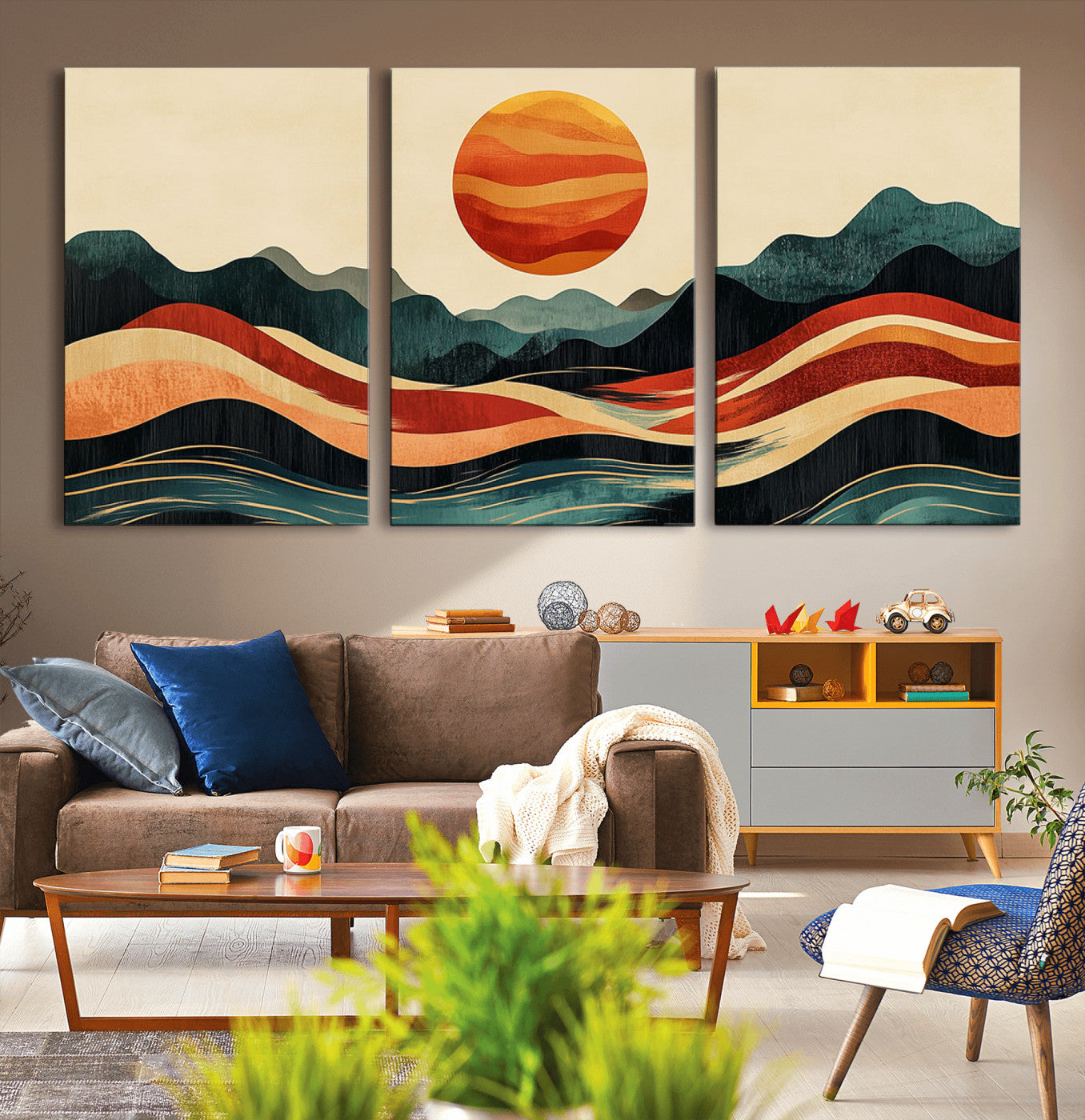 11087-MGV-CV-36X24-Mountain Triptych Wall Art - Western Nature Prints - Framed Boho Pine Tree Canvas for Log Cabin or