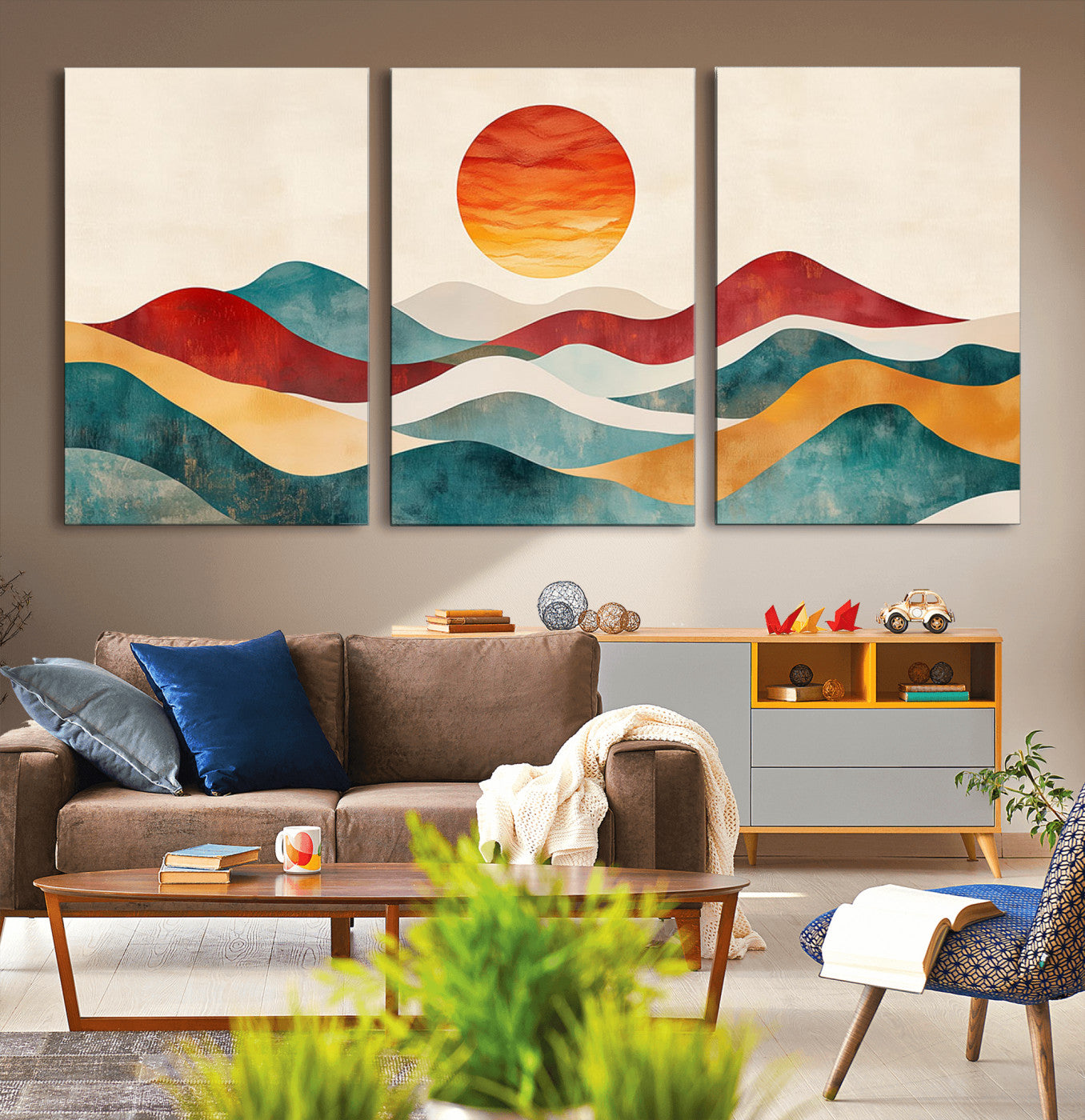 MGV-CV-60X30-3P - Southwest Mountain Canvas - Boho Triptych Wall Art - Rustic Woodland Nursery Decor - Abstract Nature