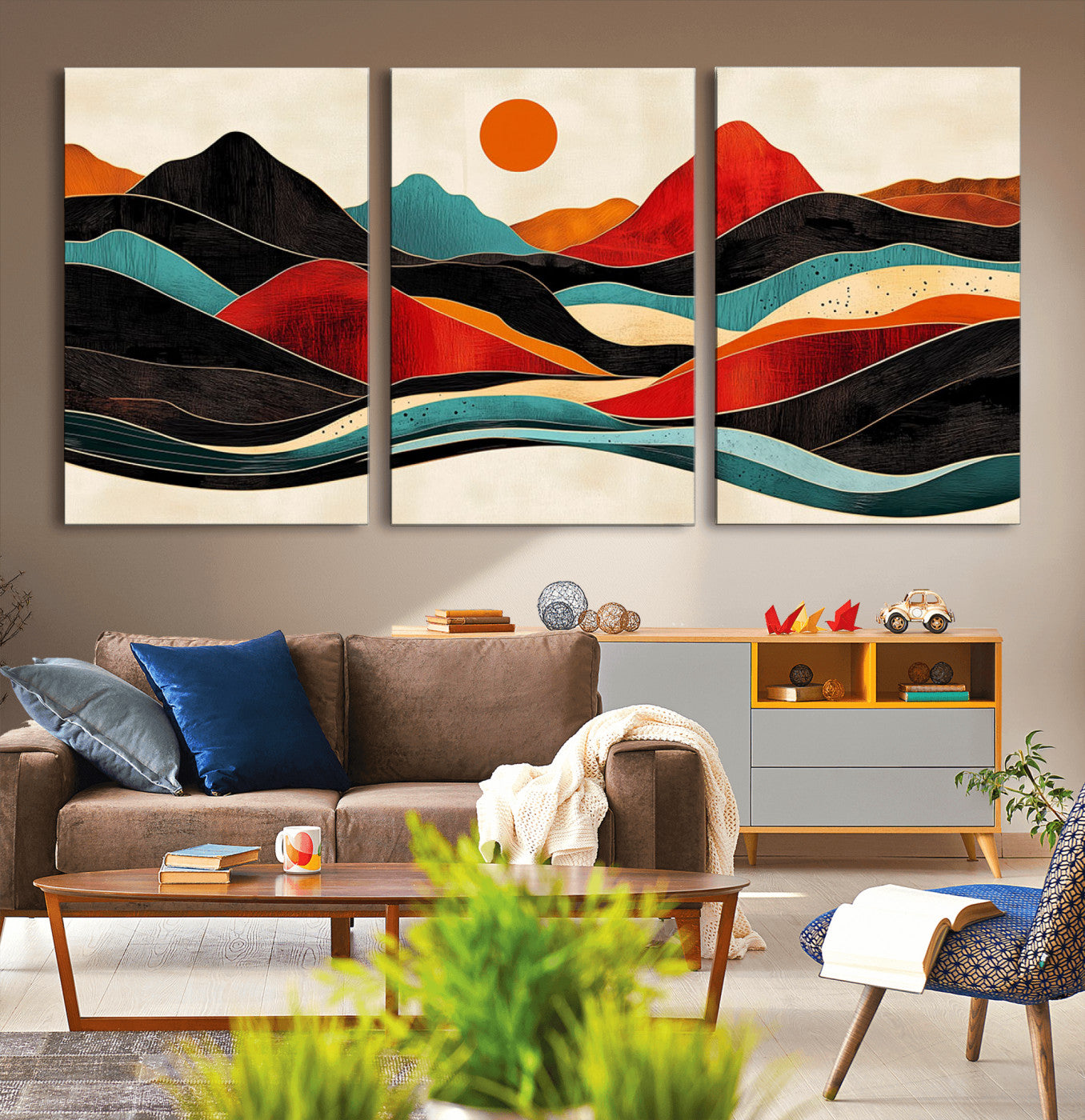 MGV-CV-60X30-3P - Western Wall Decor - Large Triptych Mountain Canvas - Boho Woodland Wall Art Print - Framed
