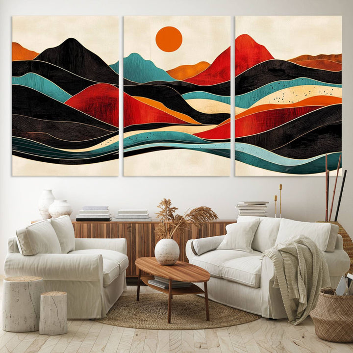 The Colorful Western Triptych Canvas features a vibrant mountain and sun design, making it perfect for modern kitchens or log cabin walls.