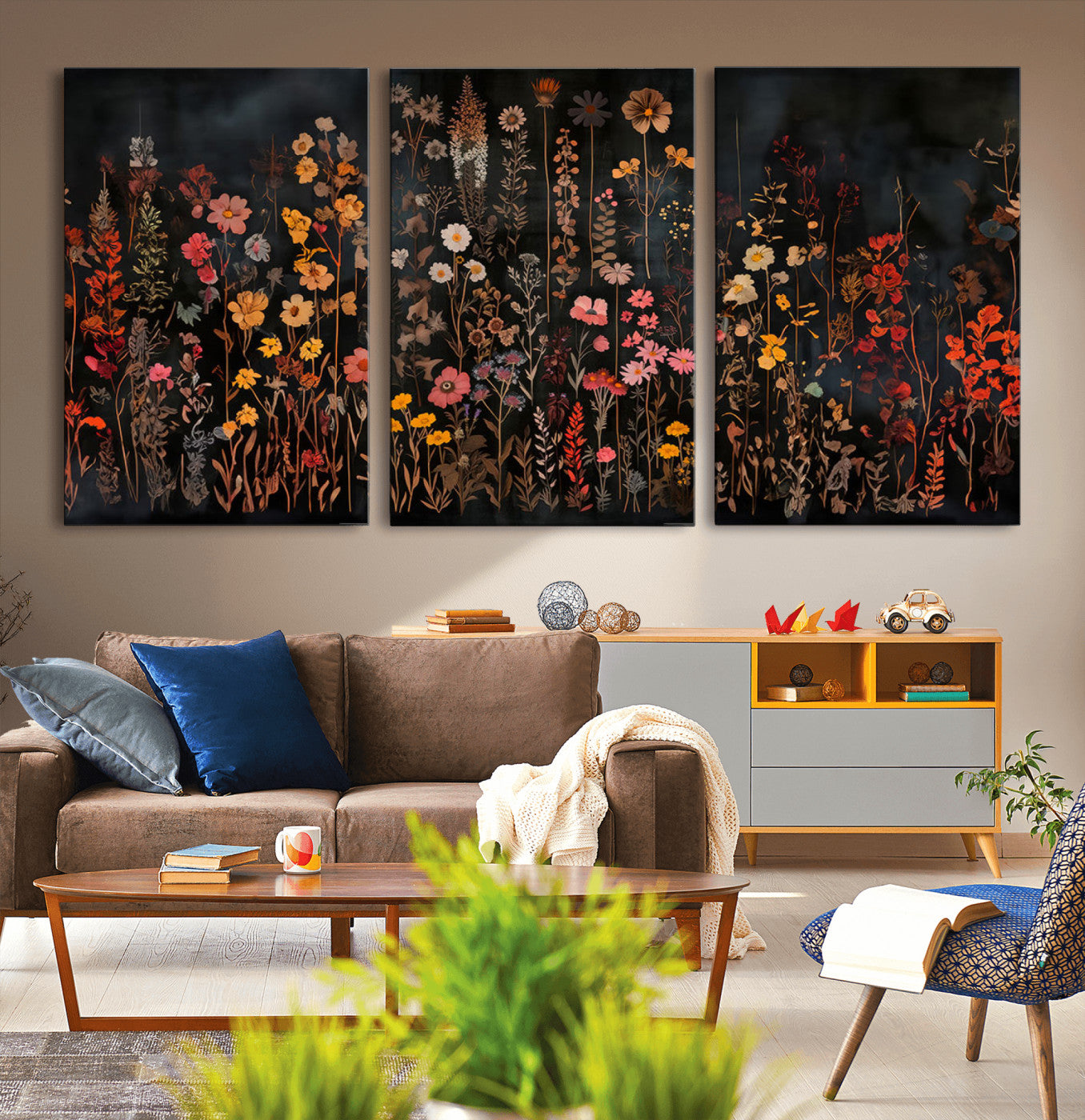 MGV-CV-60X30-3P - Dark Floral Canvas Wall Art - Moody Botanical Flower Print - Rustic Floral Wall Decor for Home -