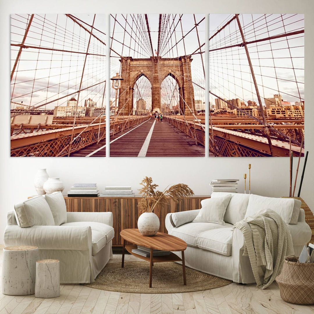 The three-panel "Wall Art New York Manhattan Cityscape Canvas Print" of the Brooklyn Bridge makes an ideal addition to minimalist interiors, capturing the essence of abstract expressionism.