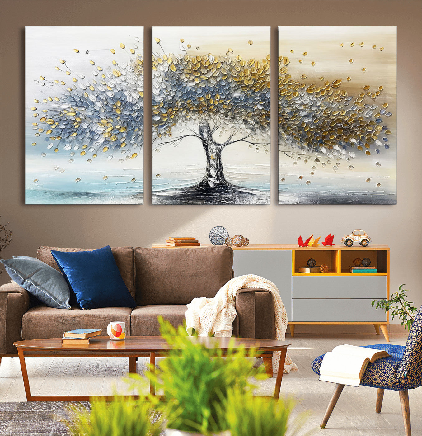 An elegant impasto painting featuring a tree with shimmering silver and gold leaves, blending soft pastels to create a calm and sophisticated atmosphere.