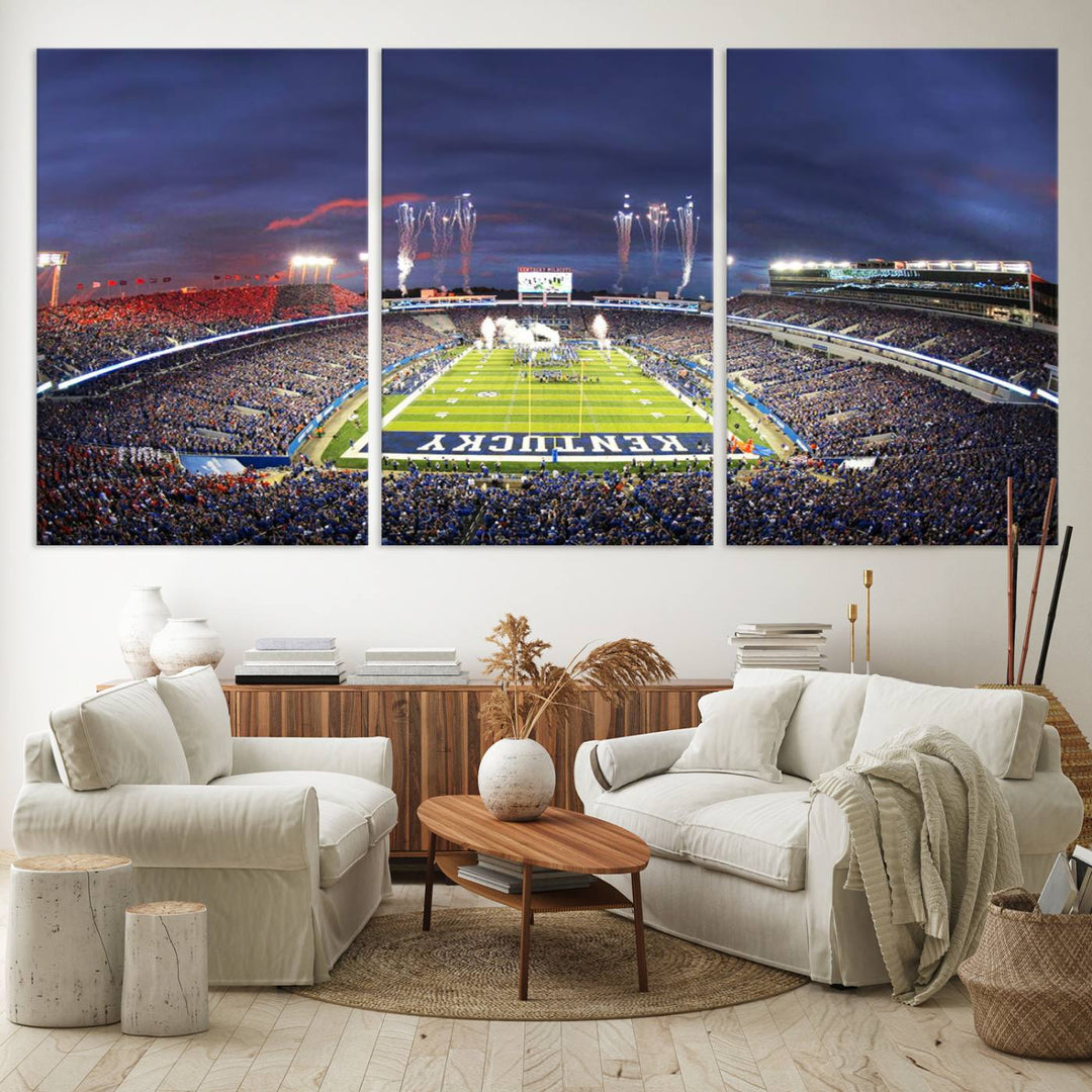 A filled stadium at dusk and fireworks overhead are beautifully captured in the Kroger Field Canvas Wall Art - Sunset Football Stadium Decor.