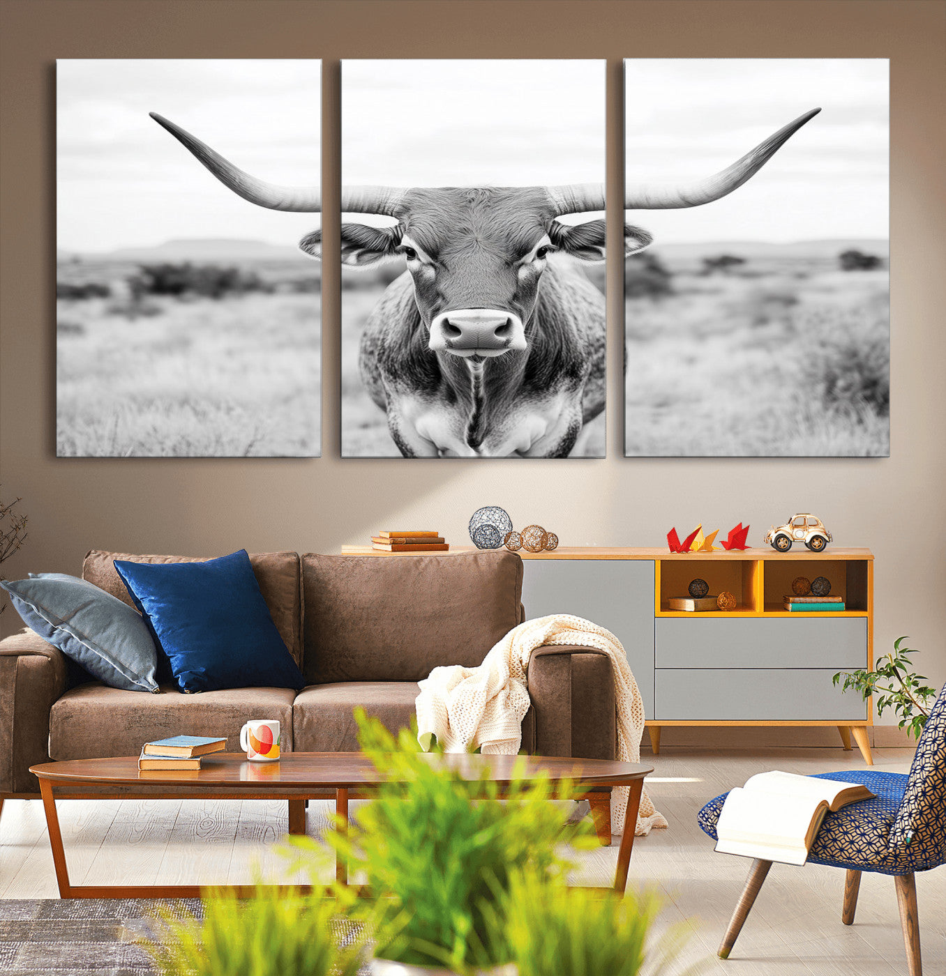 MGV-CV-60X30-3P - Highland Cow Wall Art Print - Black and White Texas Western Longhorn Canvas - Farmhouse Decor Print