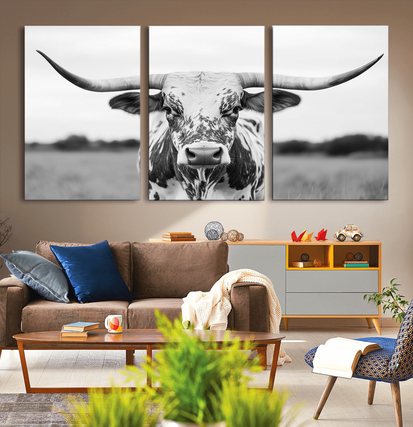 MGV-CV-60X30-3P - Highland Cow Wall Art - Black and White Western Longhorn Canvas Print - Farmhouse Living Room Decor